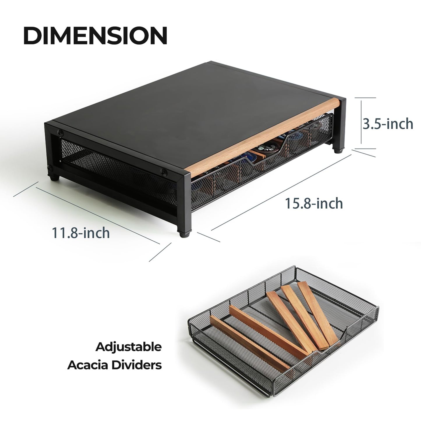 WILDMOS Coffee Pod Drawer,Coffee Station Organizer for Coffee Pod Storage,Movable Solid Wood Partition Board, Counter Coffee Bar Accessories for Nespresso Pods,Cream, Spoon, Sugar（Black)