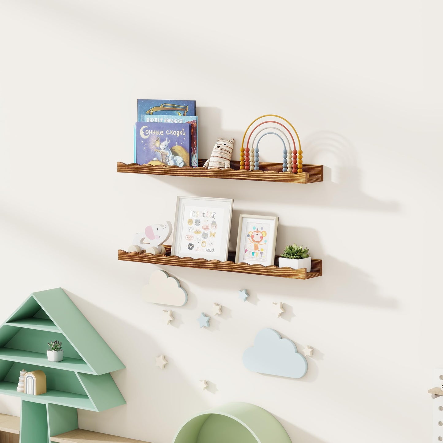 Fun Memories Picture Ledge Shelf for Wall, 36 inch Pine Wood Nursery Book Shelves Set of 2- Wall Book Shelves for Kids Room, Home Decor - Kitchen Spice-Carbonized
