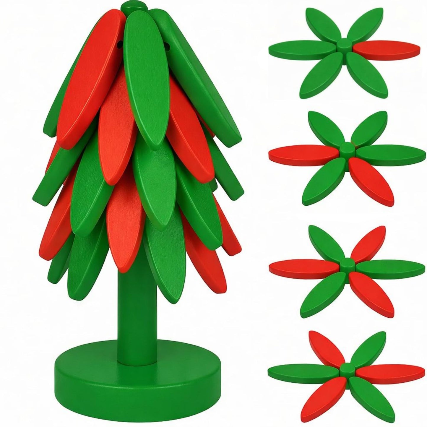 MERN Wooden Trivets for Hot Dishes, Hot Pots and Pans - Decorative Tree-Shaped 4 Foldable Beech Wood Mats + 1 Stand for Kitchen Countertops - Heat-Resistant Trivet Set - Christmas Kitchen Decor
