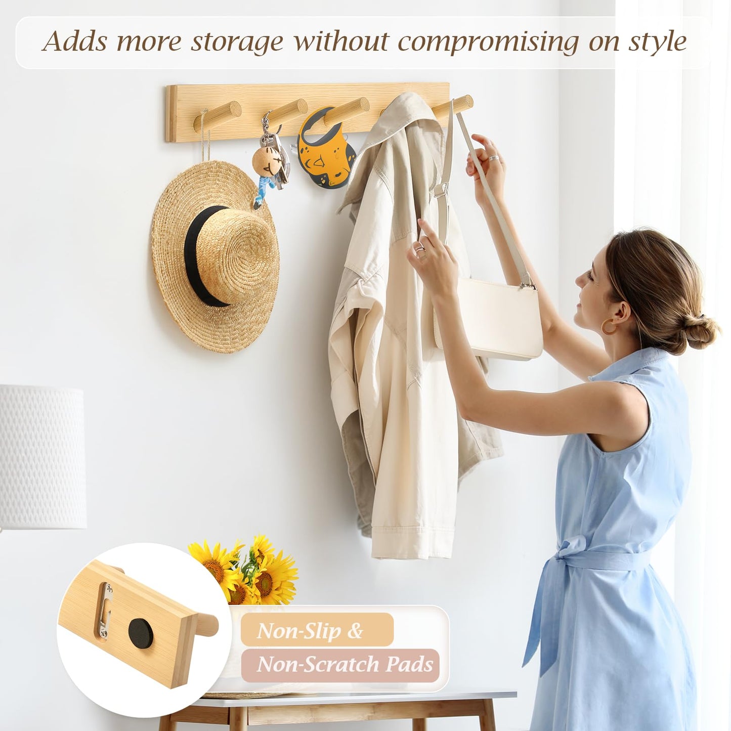 HOMEBROS Coat Rack Wall Mount, Wooden Coat Hanger with 5 Hooks, Heavy Duty, Natural, 1 Pcs