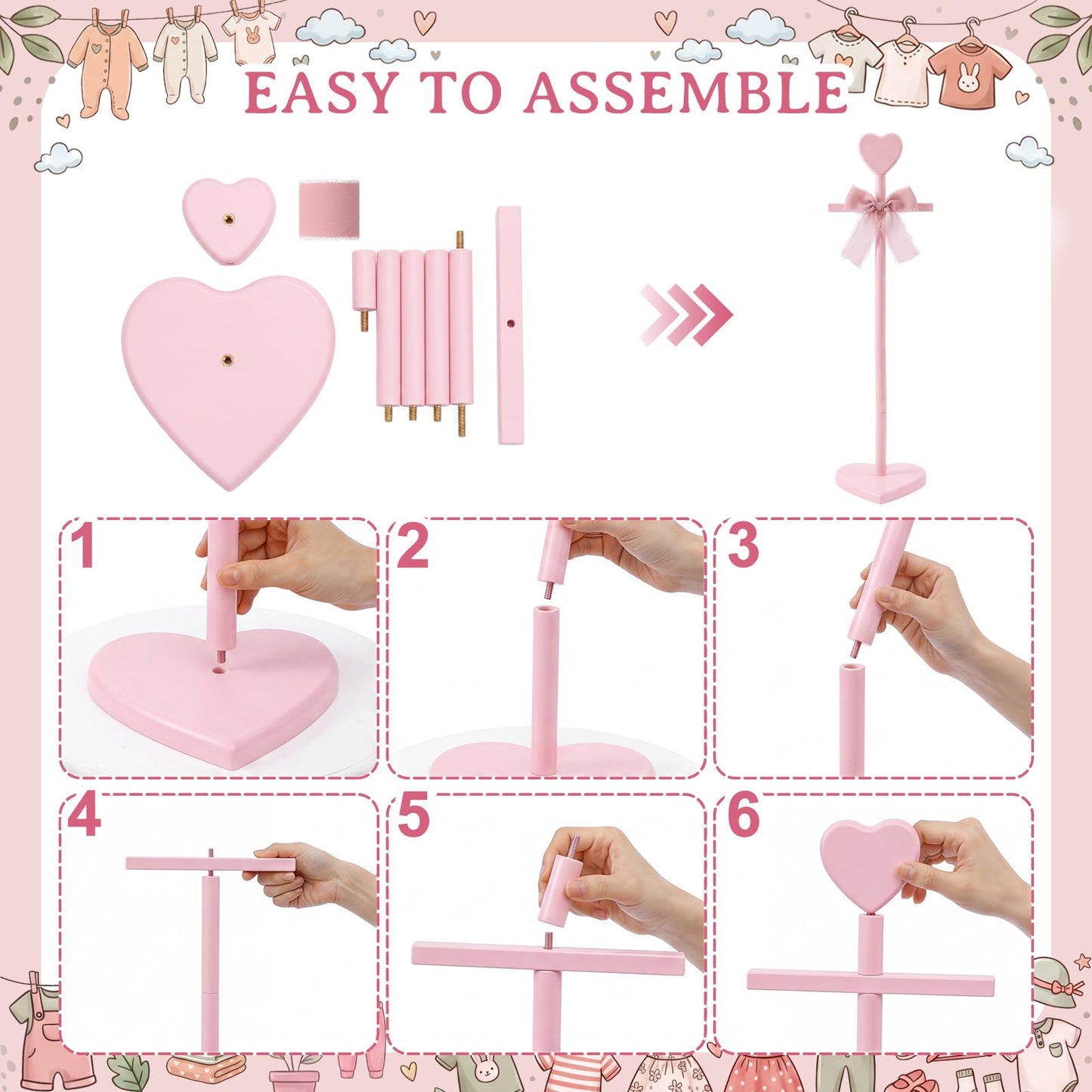 Fuutreo 2 Packs Baby Clothes Display Stands Heart-Topped Baby Shower Centerpiece Babies Clothes Rack with Bow Wooden Adjustable Outfit Hangers Display for Layette Dress, Hand Assembled (Pink)