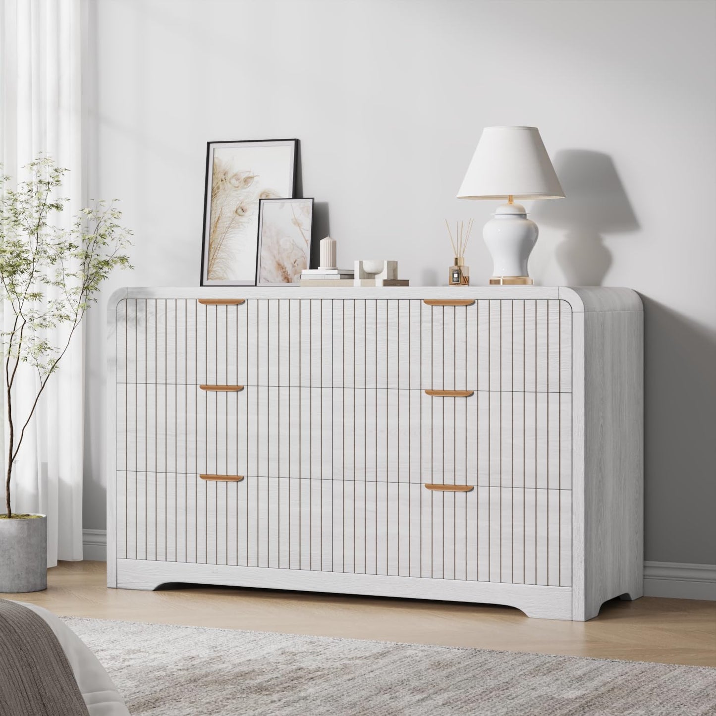 Jocoevol Modern 6 Drawer Dresser for Bedroom, 47" Wide Wood Dressers & Chests of Drawers Curved Profile Design, Mid Century Modern Fluted Dresser for Bedroom, White