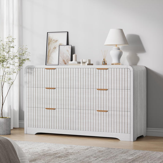 Jocoevol Modern 6 Drawer Dresser for Bedroom, 47" Wide Wood Dressers & Chests of Drawers Curved Profile Design, Mid Century Modern Fluted Dresser for Bedroom, White