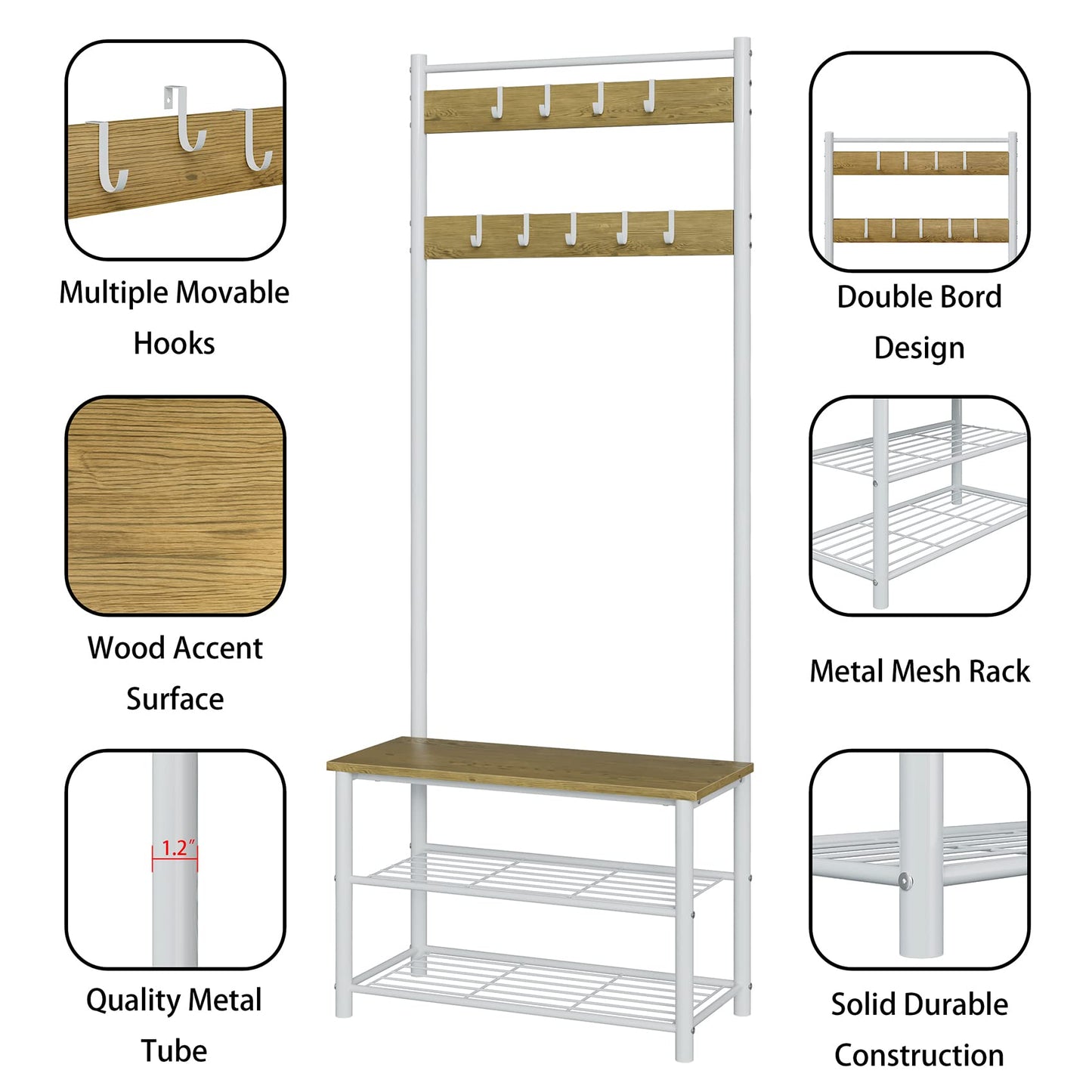 AEPOALUA Hall Tree with Bench and Shoe Storage, 3-in-1 Coat Rack Shoe Bench, Freestanding Wooden Coat Rack with Metal Frame, 3-Tier Storage Shelf and 9 Removable Hooks, White/Walnut