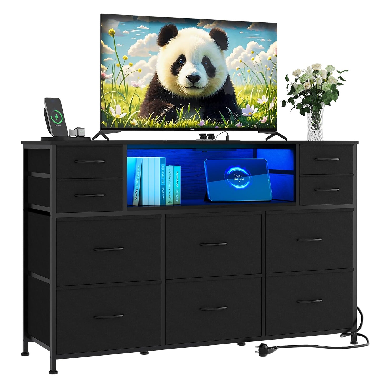 Garvee 10 Fabric Drawers Dresser, Entertainment Center TV Stand with Power Outlet & LED Light for 45"-55" TV, Chest of Drawers with Wood Top and Open Shelves for Bedroom, Living Room, Hallway, Black