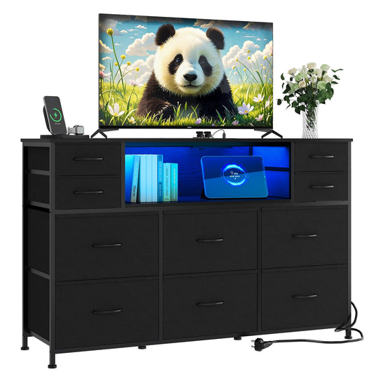 Garvee 10 Fabric Drawers Dresser, Entertainment Center TV Stand with Power Outlet & LED Light for 45"-55" TV, Chest of Drawers with Wood Top and Open Shelves for Bedroom, Living Room, Hallway, Black