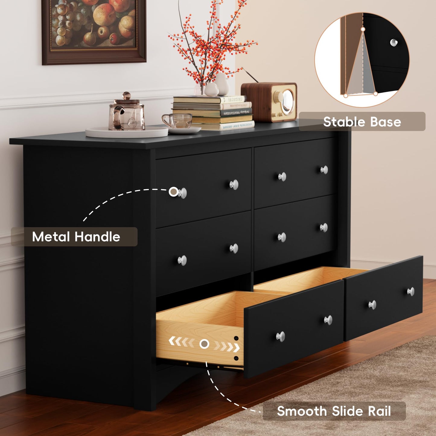 Furmax Dresser for Bedroom, 6 Wood Dresser, Chest of Drawers, for TV up to 65 inch, TV Stand Storage Chest of Drawers for Hallway Entryway (Black)