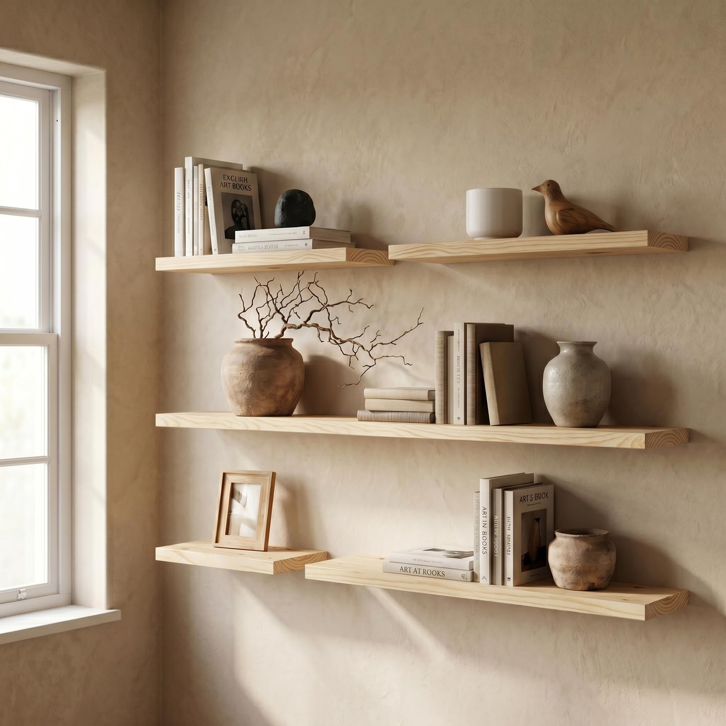 Fun Memories Solid Wood Floating Shelves for Wall, Set of 2 – 18 Inch Rustic Farmhouse Wall Shelf, Deep Natural Wood Storage Shelf for Kitchen, Living Room, Bedroom – Natural Clear Finish