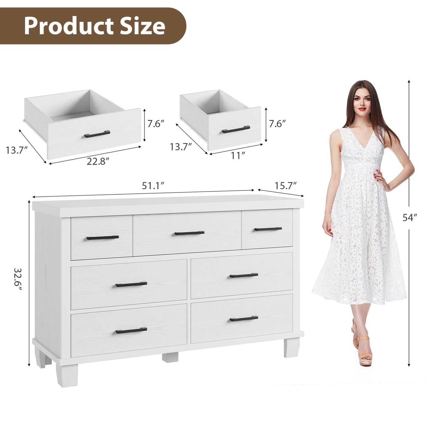 Garvee Dresser for Bedroom with 7 Drawers, 51" Wooden Dressers & Chests of Drawers with Metal Handles, TV Stand, Horizontal Dresser for Bedroom, Closet, Nursery, and Entryway