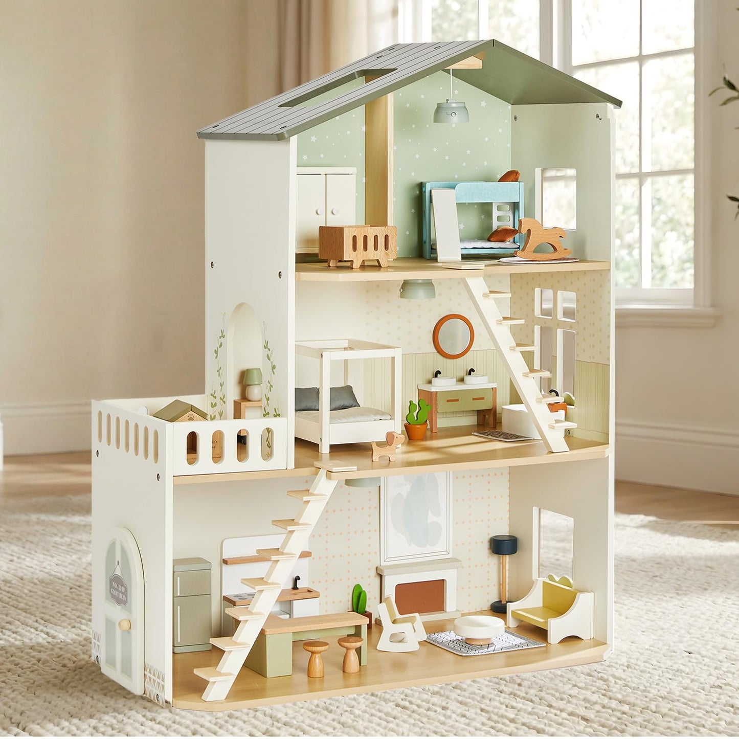 Giant bean Modern Wooden Dollhouse with Lights & 37PCS Furniture Set – Nordic Style 3-Story Playhouse for Kids Age 3+, Natural Wood Montessori Doll House with Realistic Rooms, Gift for Girls & Boys