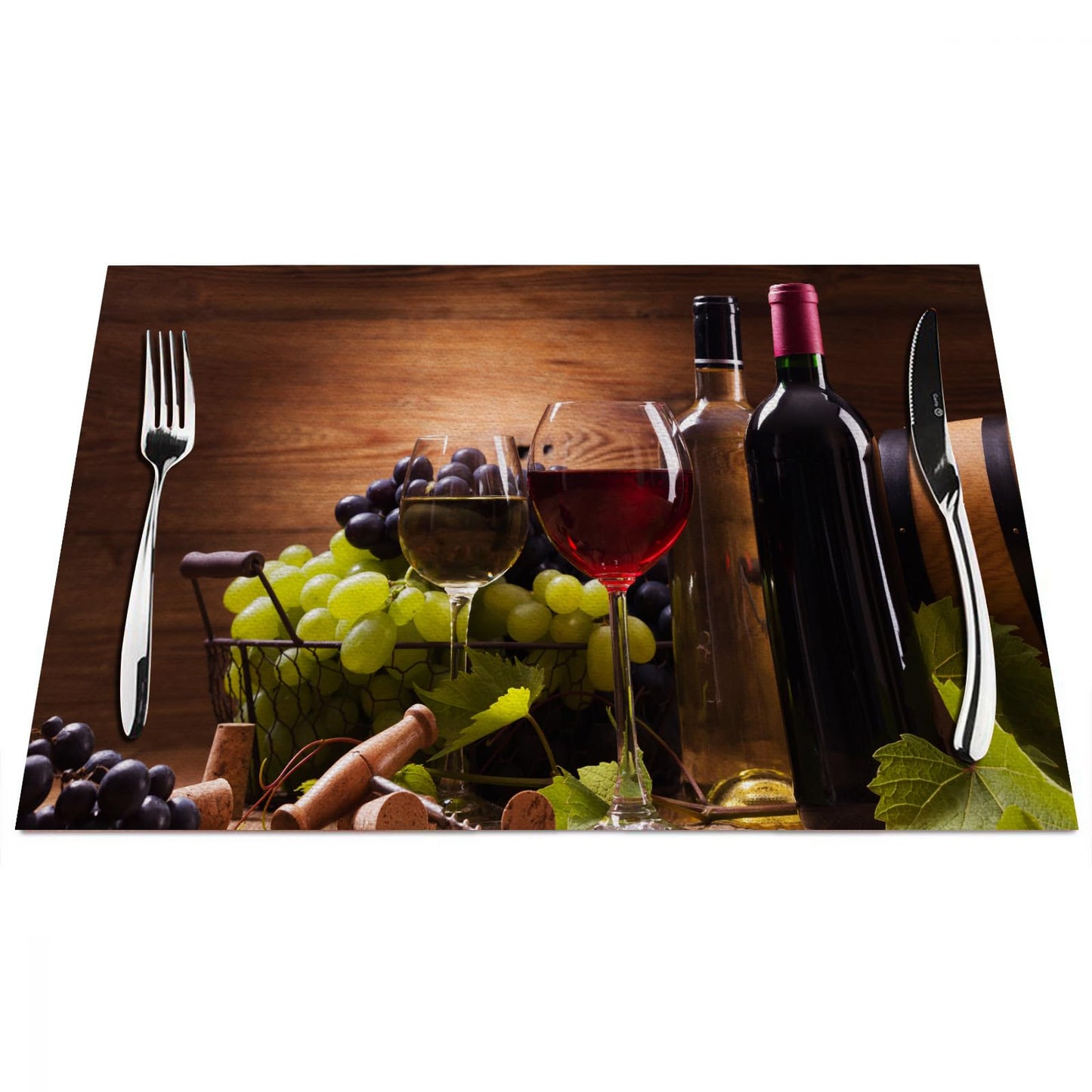 Y YIHANGBEST Red Wine Glasses Cloth Placemats Linen Dinner Mats Served with Grapes on Wooden Wipeable Set of 4 Placemats Table Pads Indoor Table Protectors Non Slip,12 * 18 Inch