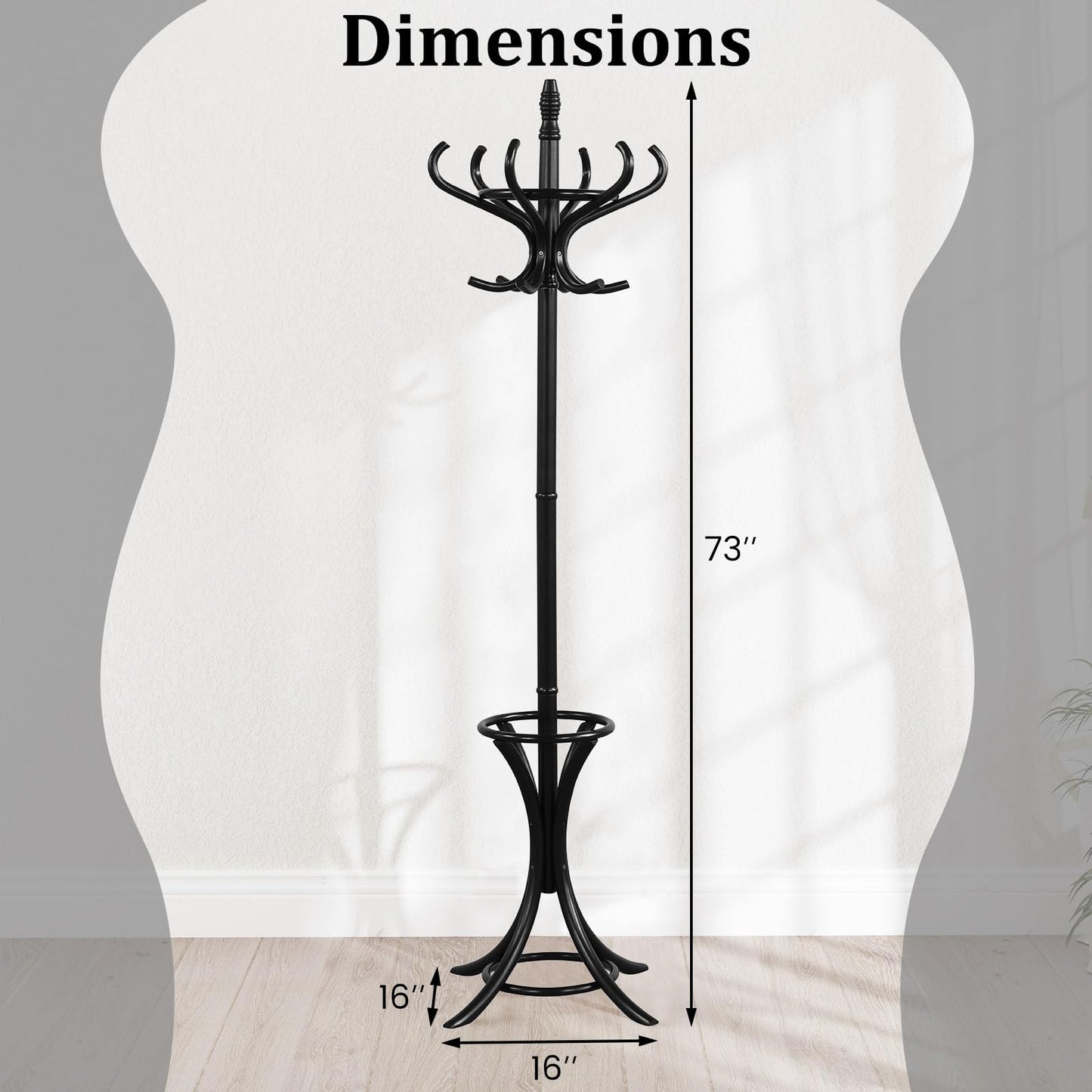 Tangkula Coat Rack with Umbrella Holder, 73 Inch Freestanding Coat Hanger Stand with 12 Hooks, Wooden Entryway Coat Tree for Clothes, Bags, Hats, Scarves, Living Room, Bedroom, Hallway (Black)