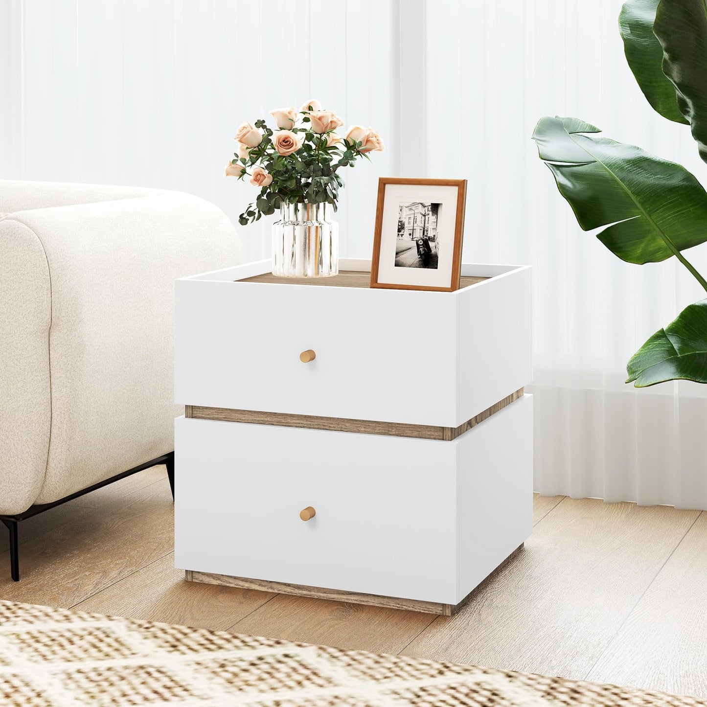 Giantex Modern Nightstand with 2 Storage Drawers, Wooden Night Stand with Raised Edge, Floor Sofa Side Table, 2-Drawer Bedside Table for Bedroom Small Spaces, 18" W x 15.5" D x 18" H, Natural & White