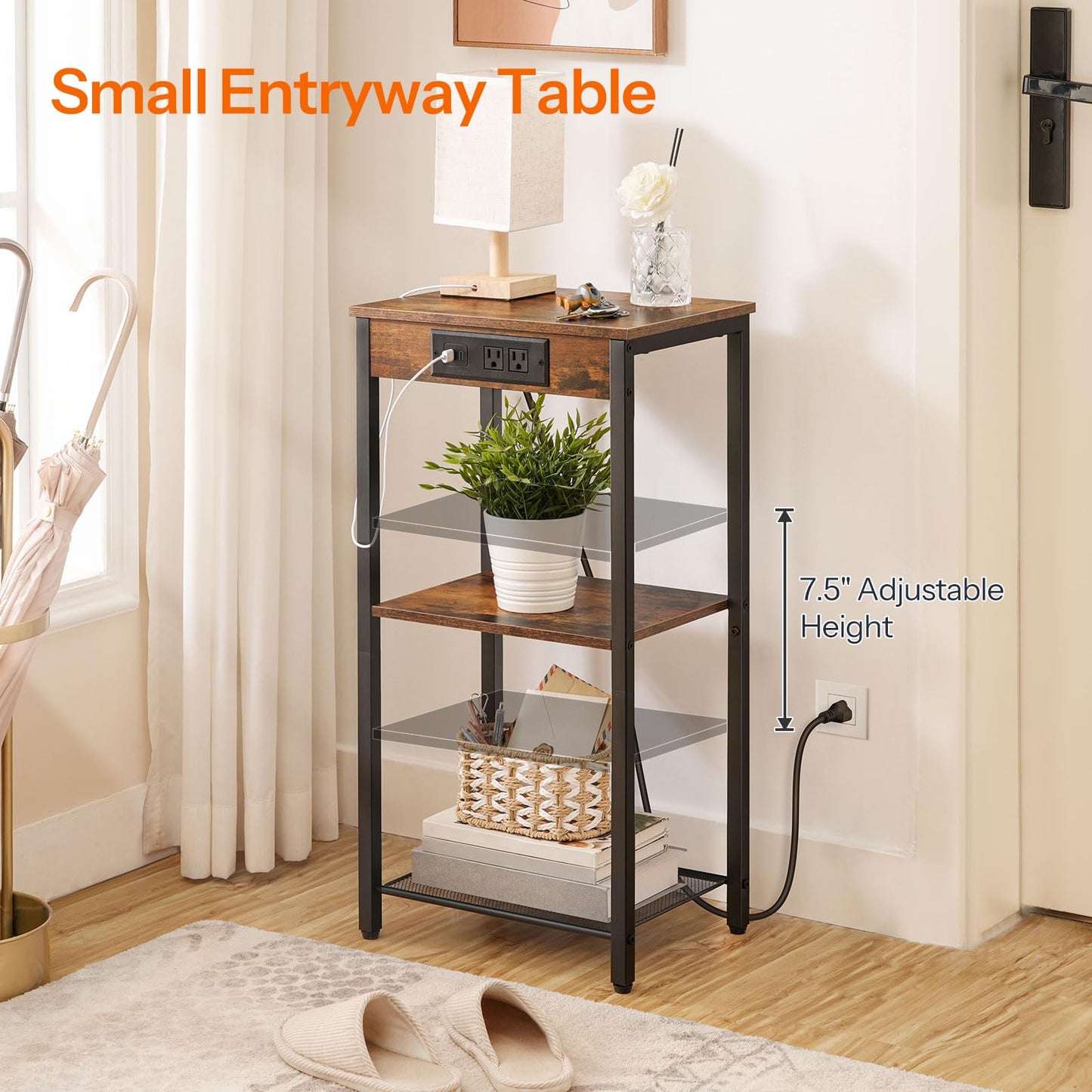 HOOBRO Tall End Table with Charging Station, 30 Inch Slim Tall Nightstand, 3-Tier Narrow Side Table with Adjustable Shelf, for Living Room, Bedroom, Small Space, Hallway, Rustic Brown BF09UDH01G1