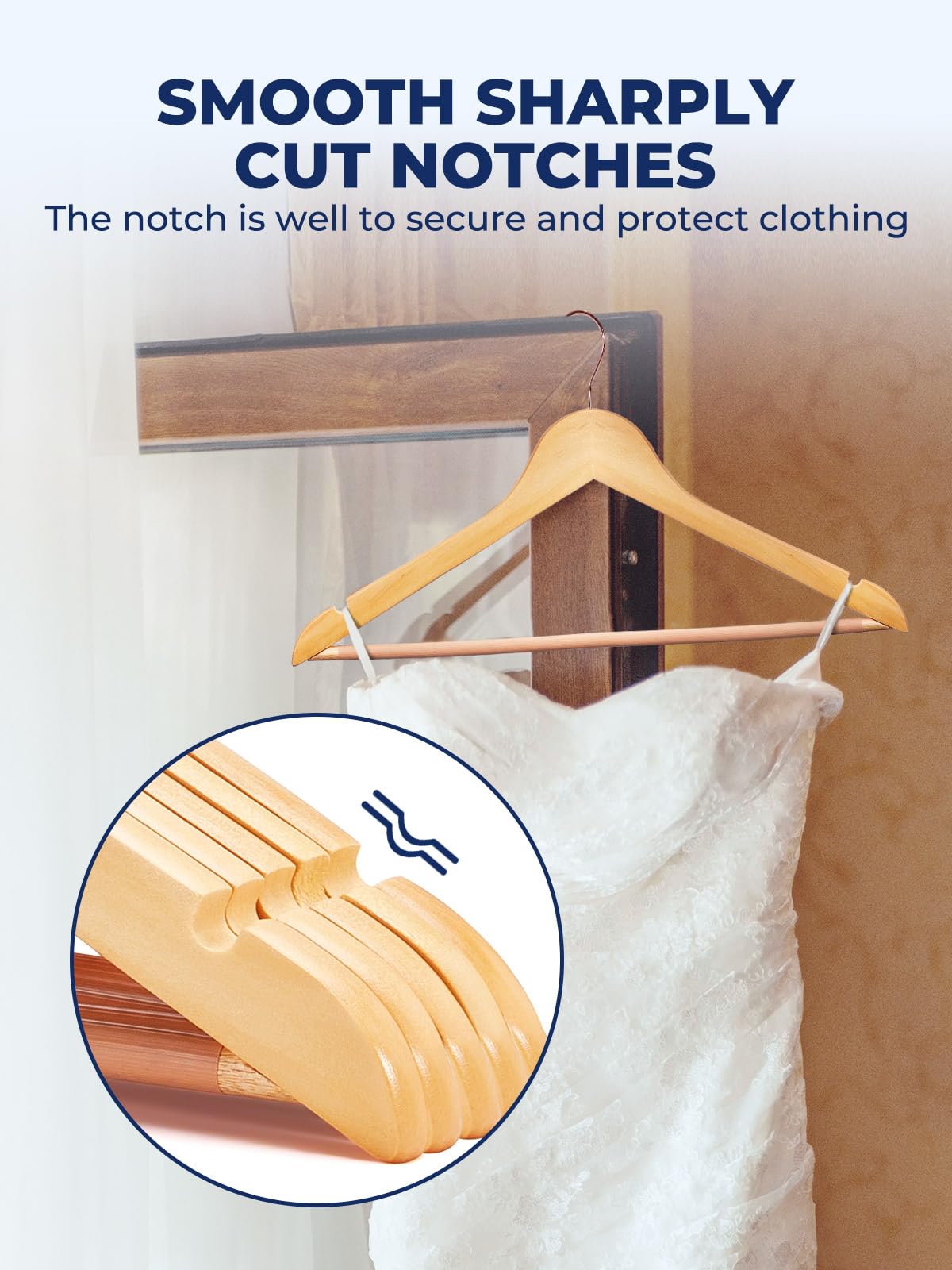 Smartor Wooden Hangers 10 Pack, Solid Wood Coat Hanger for Closet, Heavy Duty Wood Hangers for Suits, Shirts, Dresses, with 360° Rose Gold Hook, Non Slip Pant Bar, Natural