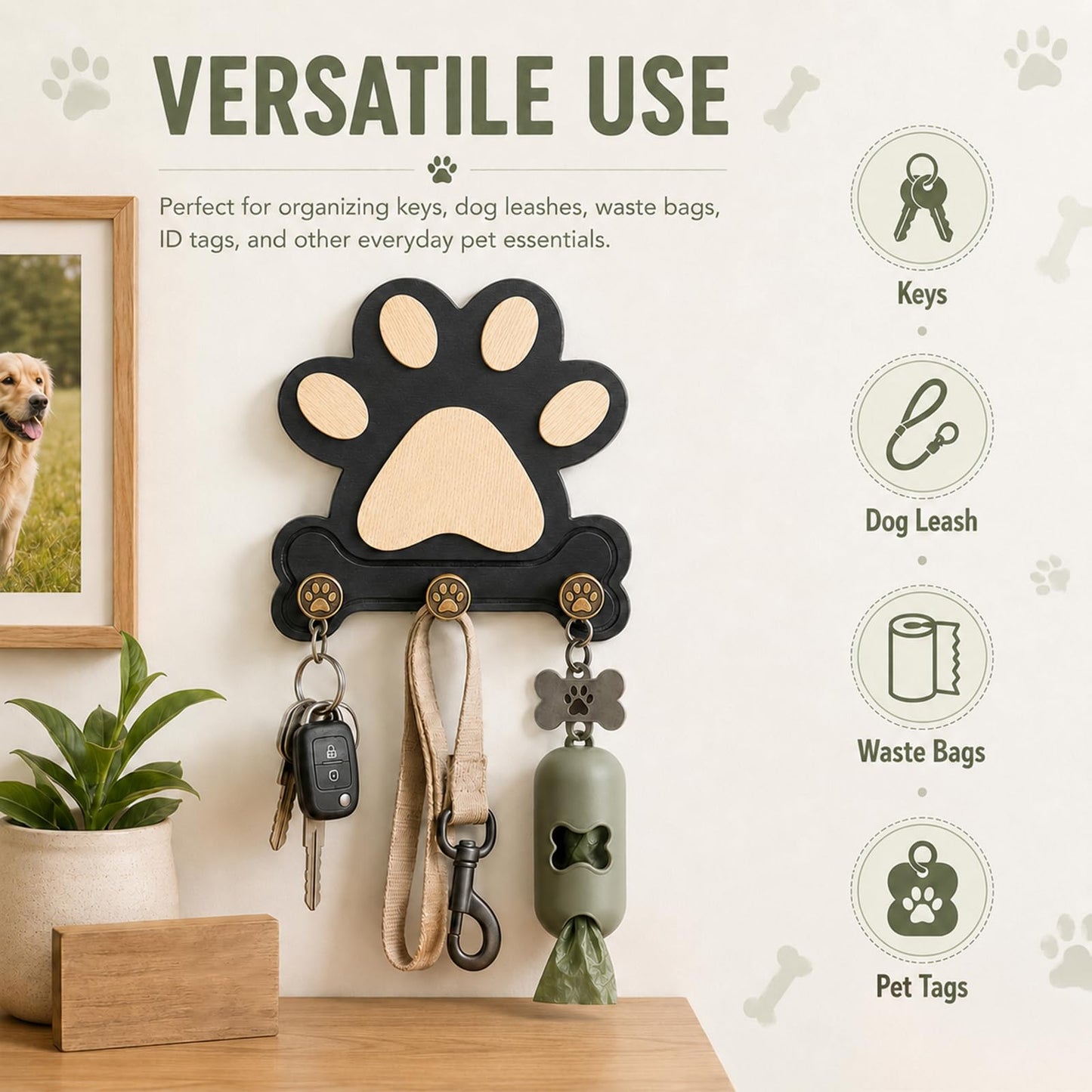 MLLNFUE 2 Pack Dog Leash Holder for Wall, Wooden Key Holder Wall Mount with 3 Metal Hooks, Dog Paw Organizer for Dog Owners and Pet Lovers (Black)