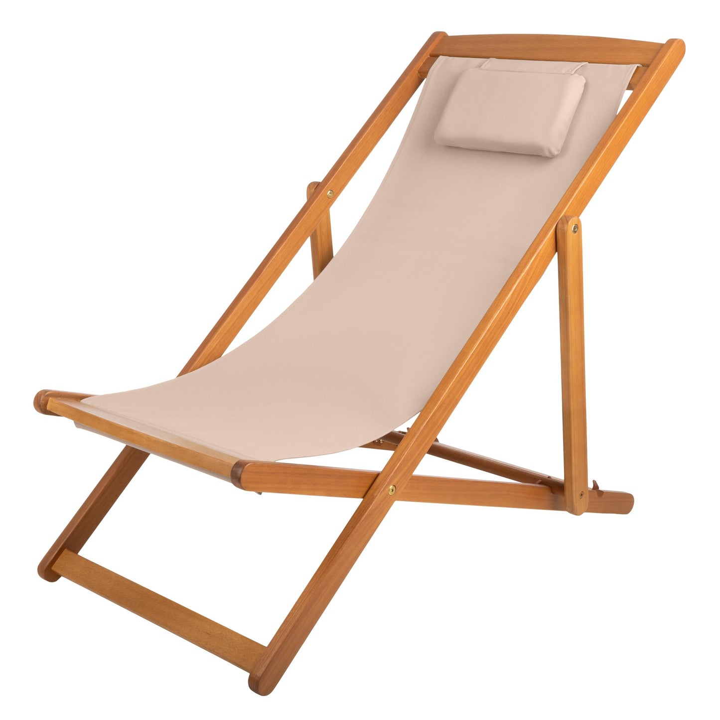 Beach Lounge Chair - Adjustable Height Reclining Sling Chair - Portable Wood Folding Chairs - Folding Lounge Chairs for Outside, Patio, Balcony, or Camping - Outdoor Furniture by Lavish Home (Beige)