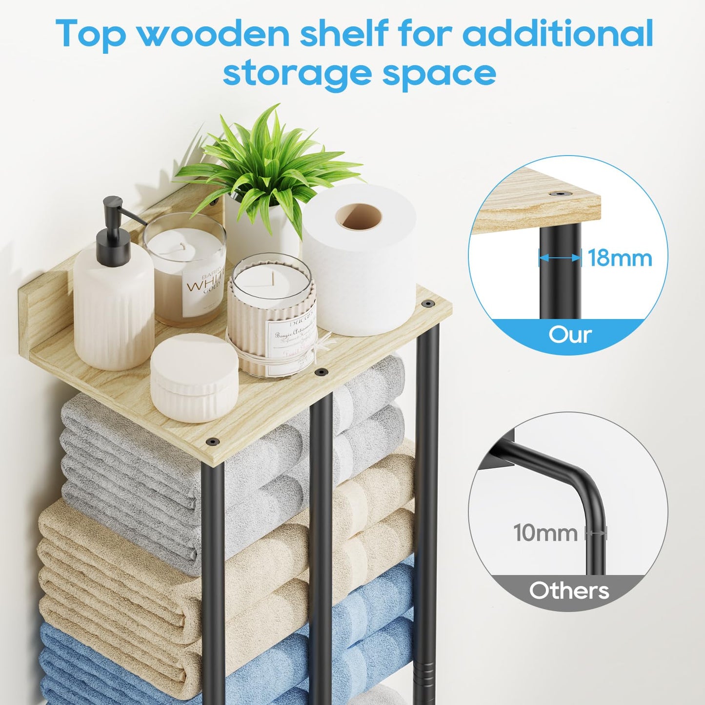 WeGXY Towel Racks for Bathroom Wall Mounted, 3 Bar Wall Towel Rack for Rolled Towels, Metal Towel Holder with Wooden Shelf, Sturdy and Large Capacity, Towel Storage Organizer