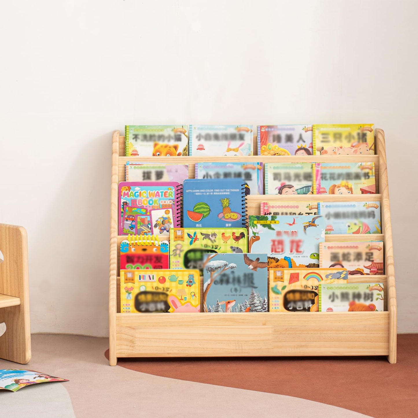 5 Tier Pine Wood Bookshelf Book Holder Wooden Kid's Book Rack Natural for Kids Room Study Room Play Room Books Magazines Storage Organizer