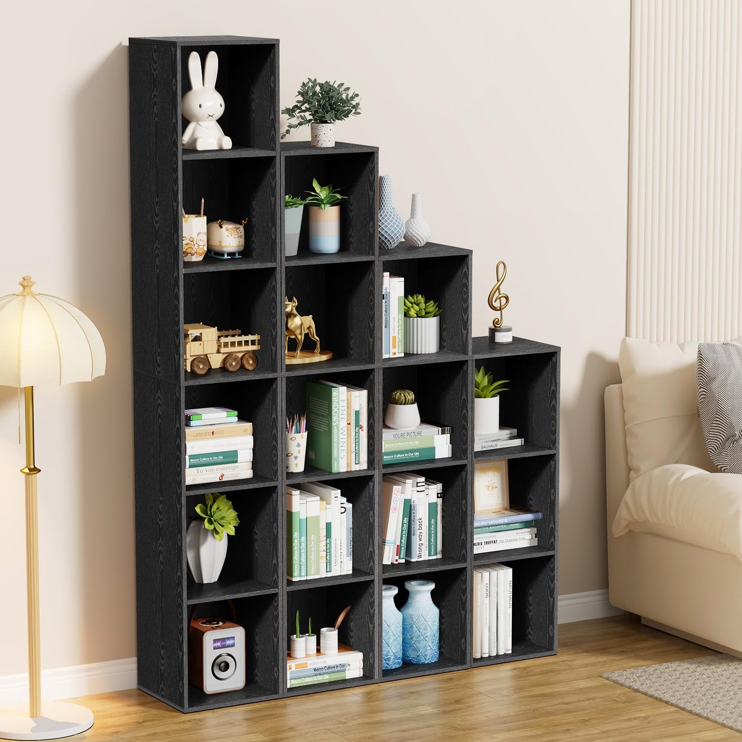 Nestwise 3 Tier Bookshelf, Narrow Bookcase for Small Spaces, Wooden Book Case Bookshelves Storage Organizer for Bedroom Living Room Home Office (Black, 3 Cube)