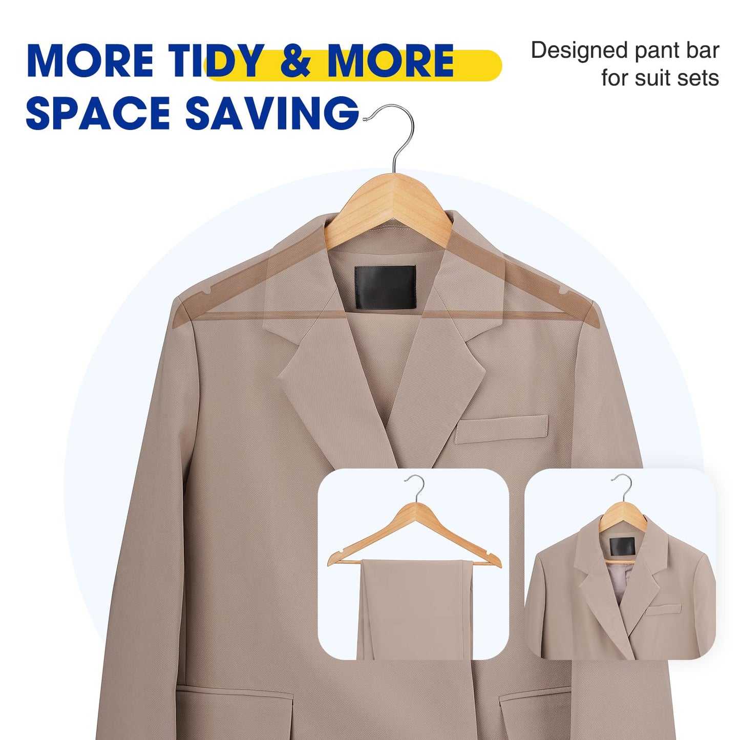 Korpai 30 Pack Wooden Hangers,Wooden Clothes Hangers with Smooth Pant Bar and Shoulder Notches,Heavy Duty Hangers with 360-Degree Rotatable Hook, Coat Hangers for Coats,Shirts,Dress,Pants,Natural