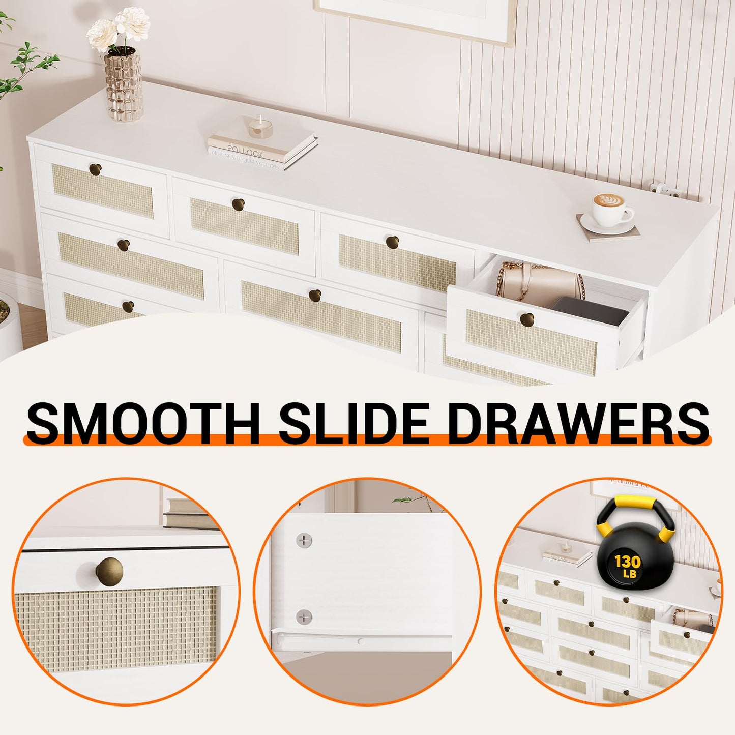GarveeHome 12 Drawer Wooden Dresser for Bedroom, Rattan Chest of Drawers for Closet, Living Room, Hallway, 61 Inch Wood Wide TV Stand Dressers for 65 Inch TV, Modern Dresser for Adult Room