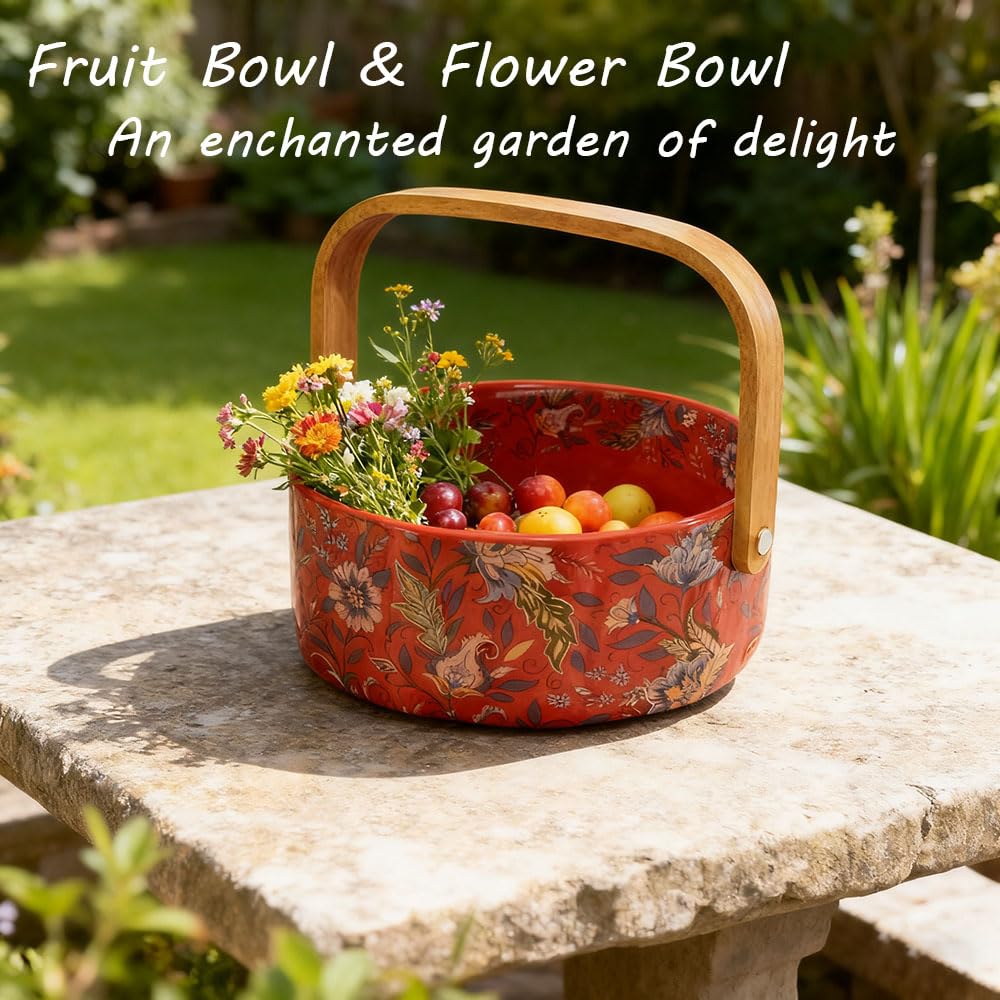 Ceramic Fruit Berry Basket with Detachable Wooden Handle Candy Dish Christmas Decorations Ornaments Decorative Bowl Home Kitchen & Dining Table Office Decor(Red)