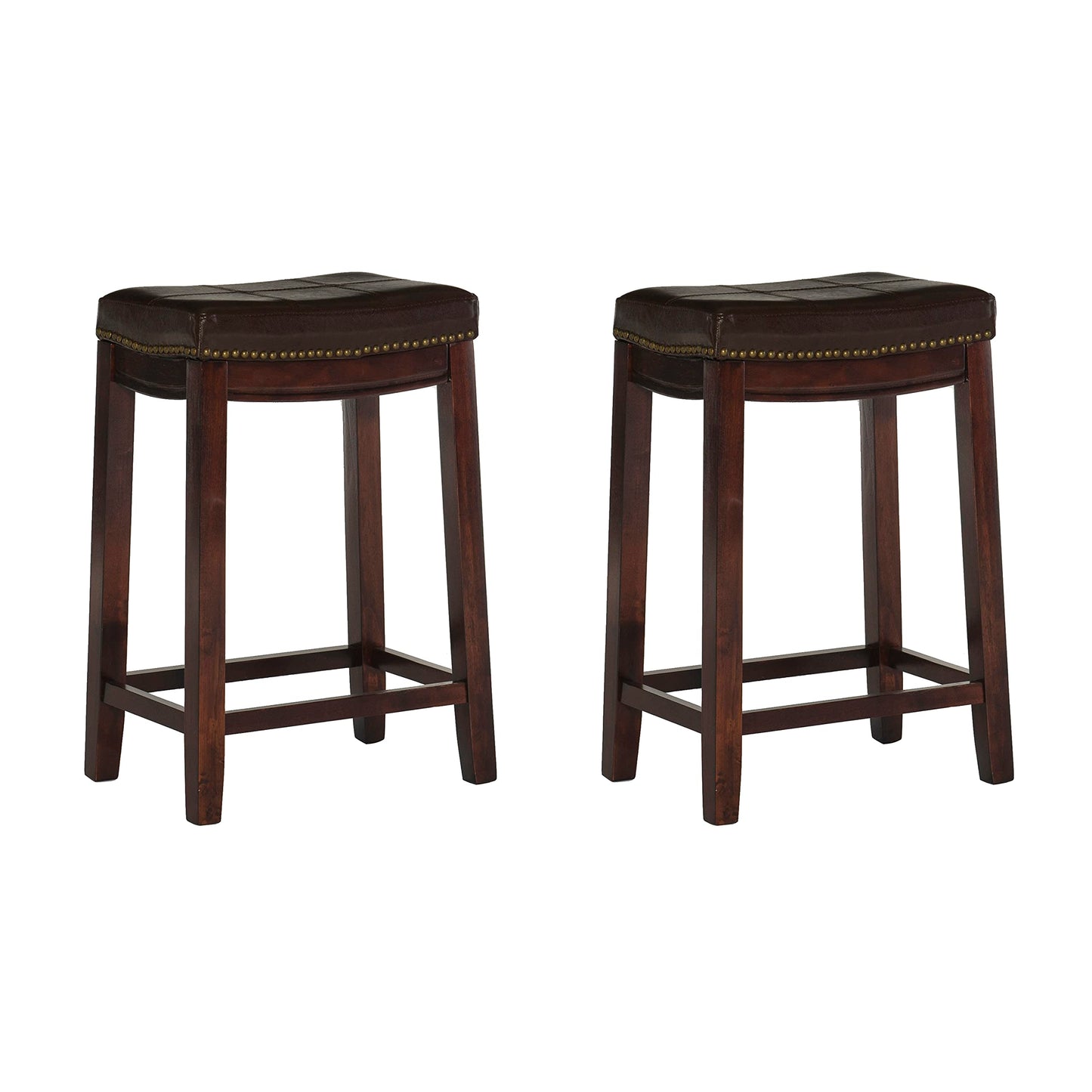 Linon Kingston Brown Wooden Backless 26.5 Inch Seat Height Counter Stool with Brown Faux Leather Upholstered Seat and Nailheads