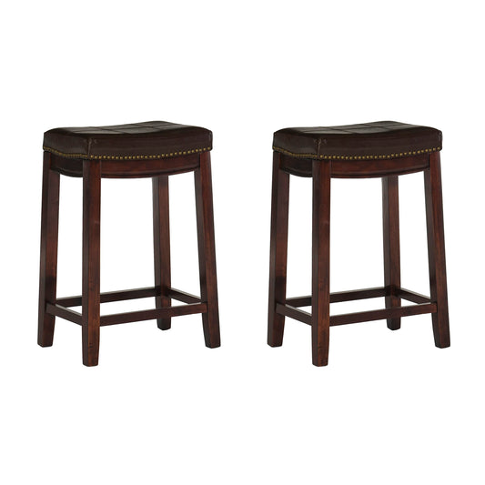 Linon Kingston Brown Wooden Backless 26.5 Inch Seat Height Counter Stool with Brown Faux Leather Upholstered Seat and Nailheads