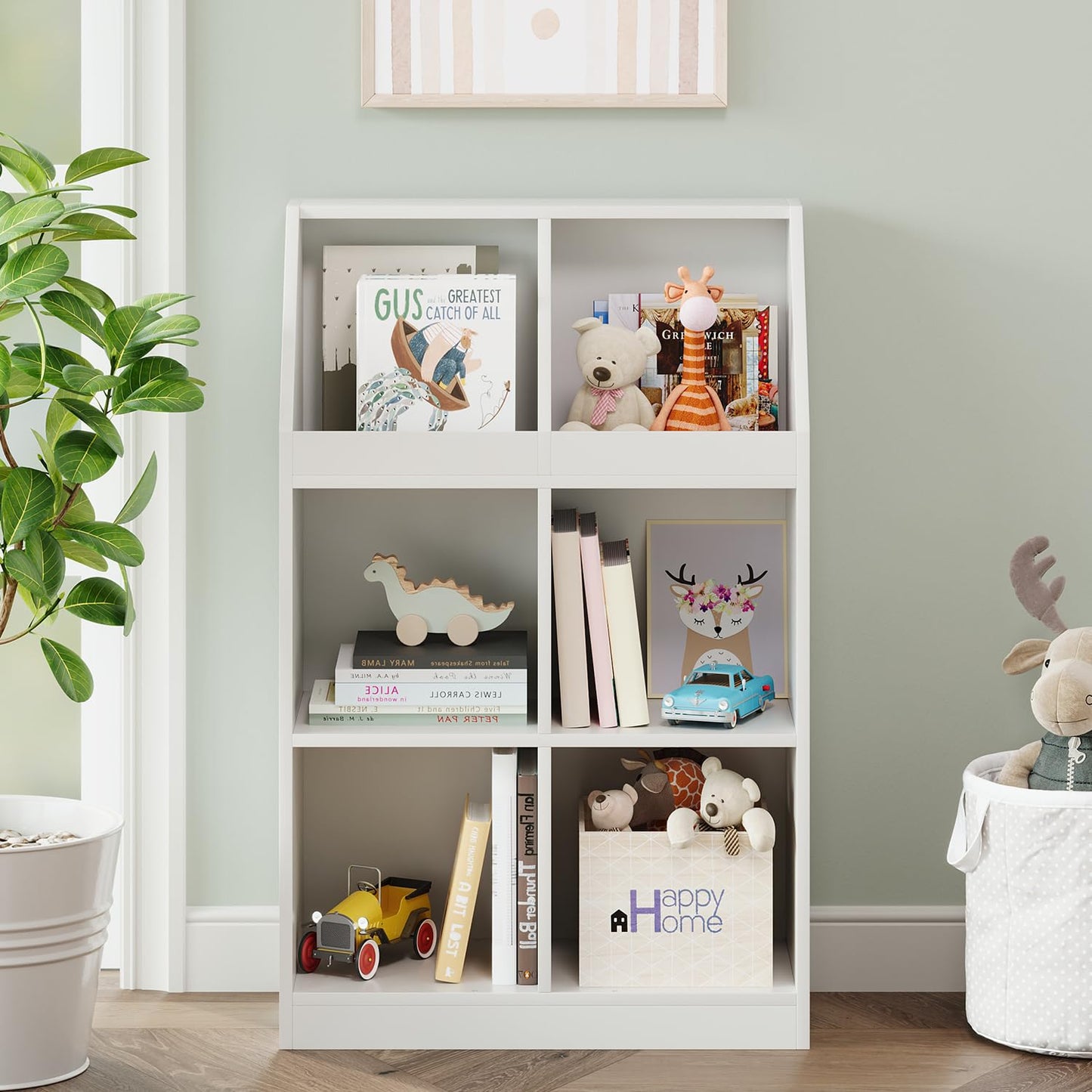 NELYE 6-Cube Wooden Storage Bookcase - 11-Inch Open Shelf Cabinet, Simple Modern Bookshelf Organizer for Home Office, Living Room, White