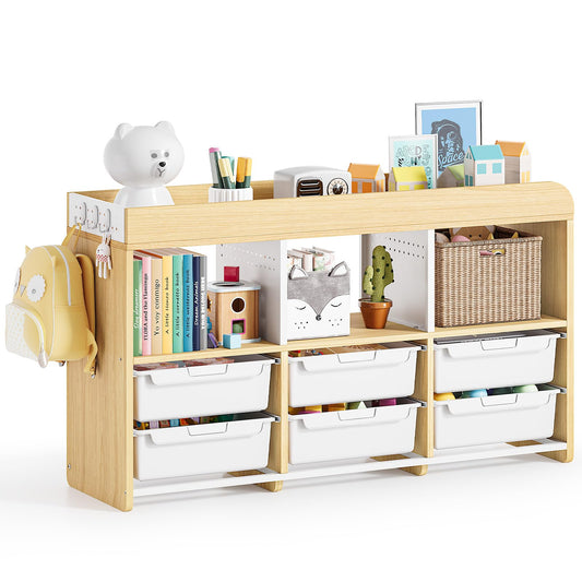 6-Plastic Storage Bins Wooden Storage Containers, Cube Toy Storage Box Organizer with Side Pegboard & Compartments, Drawers for Home Office, Dormitory, Classroom, Craft Room, Playroom Storage(White)