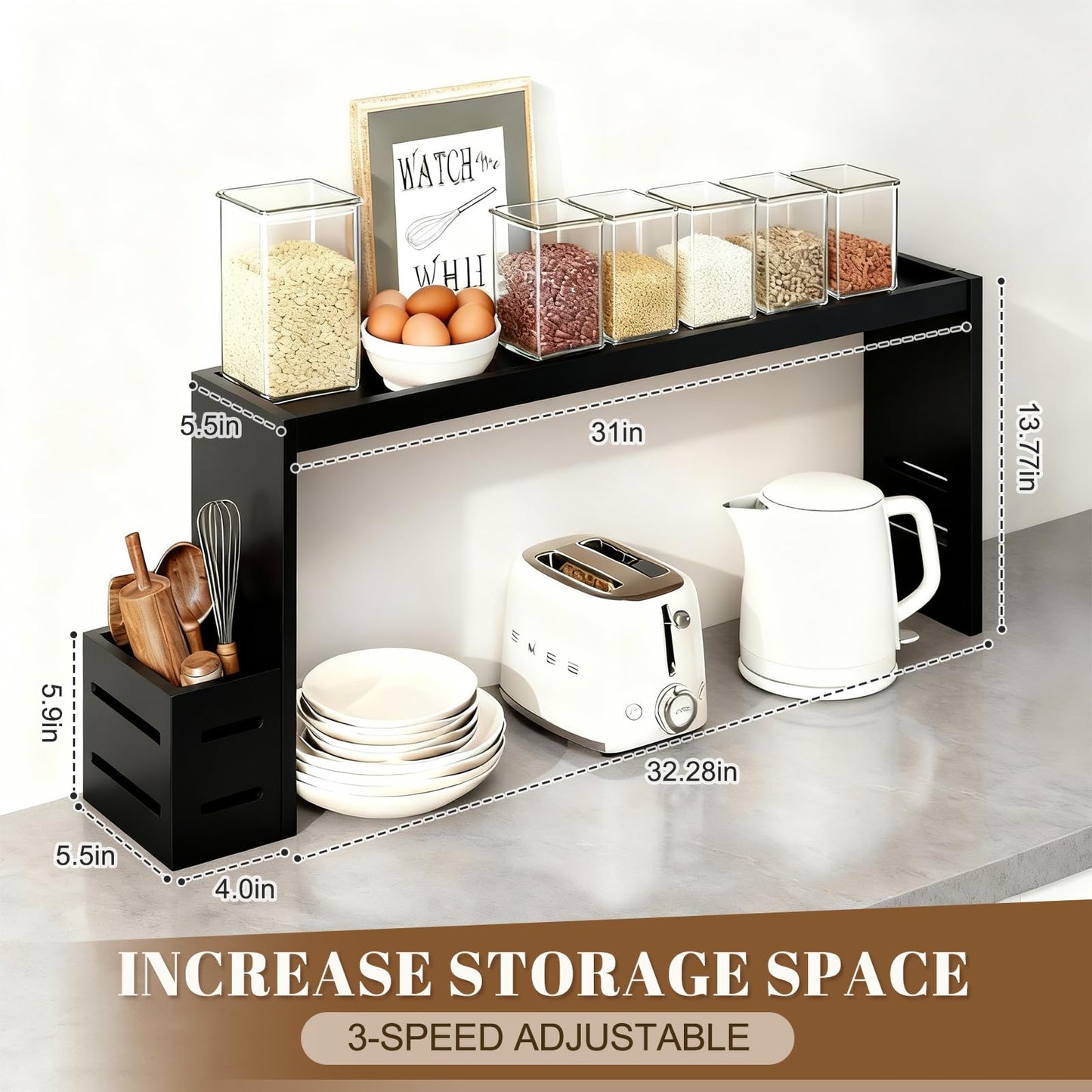 AODANC Over The Stove Shelf Wooden,Bamboo Spice Rack for Above the Kitchen Hob,31.5-inch Spice Storage Rack,Height-Adjustable, 50-pound Weight Capacity, Easy to Assemble (Black)