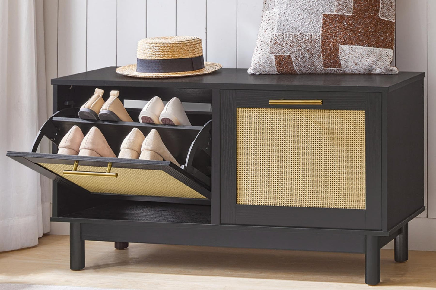 HOOBRO Rattan Shoe Storage Bench with Double Flip Drawers, Narrow Shoe Storage Organizer for Entryway, 11.8" D x 39.4" W x 20.9" H, Hidden Space Saving Wooden Shoe Cabinet for Hallway, Black BN51HX01