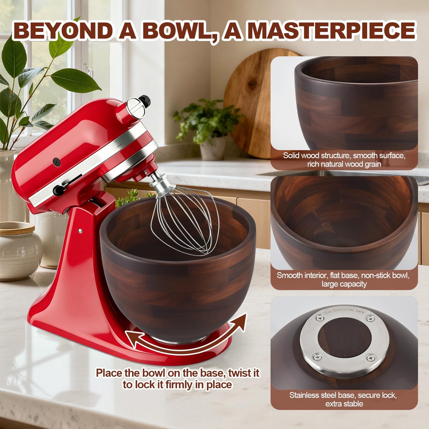 Ciunura Premium Acacia Wooden Mixing Bowl for K45 & KSM150 Series, 4.5&5 Qt Tilt-Head Models, Natural Wood Bowl with Stainless Steel Precision Locking Base for Kitchen Aid Mixers(Acacia)