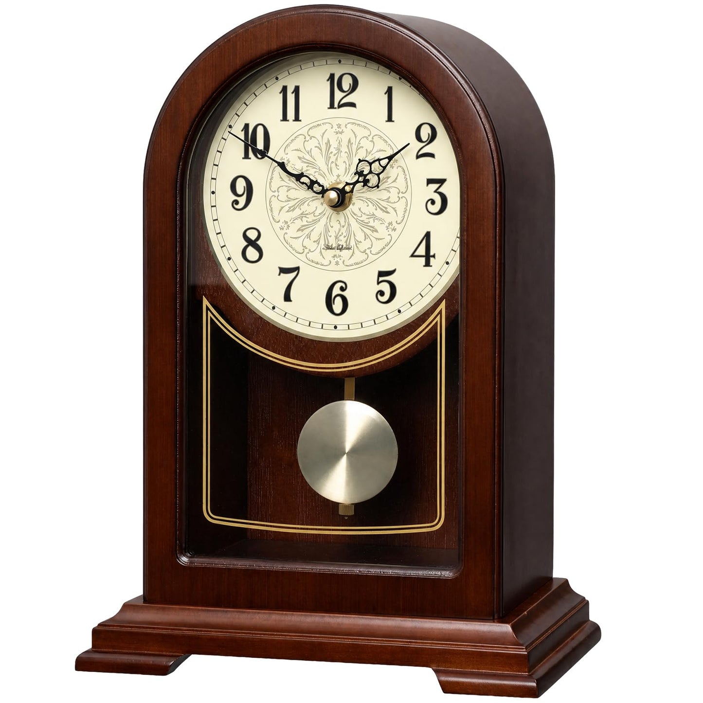 Tondiamo Brown Wooden Mantel Clock with Hourly Chime Swinging Round Pendulum Silent Quartz Desk Clocks Table Clock for Living Room Decor Above Fireplace Shelf Office, Battery Operated