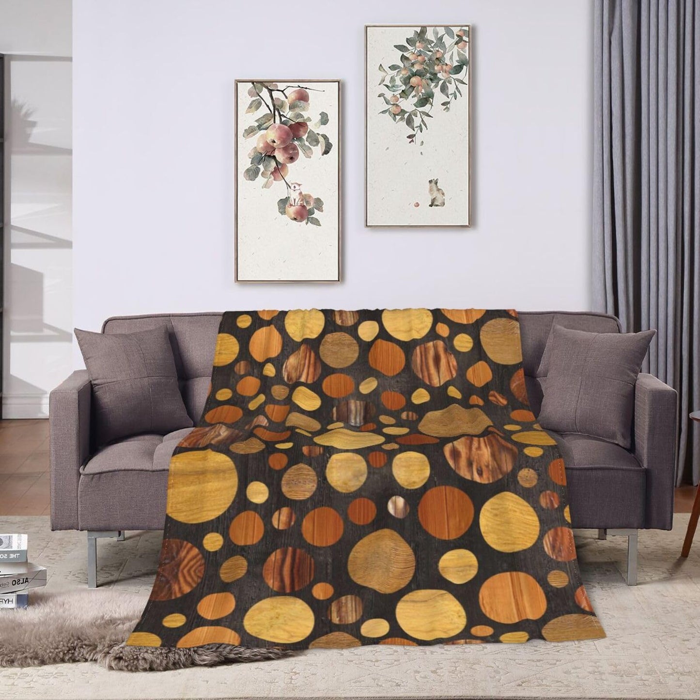 Abstract Circular Pattern Wooden Texture Reversible Flannel Throw Blanket- Ultra Soft Lightweight for Bed, Sofa, Travel & Camping 60"X50" Inch