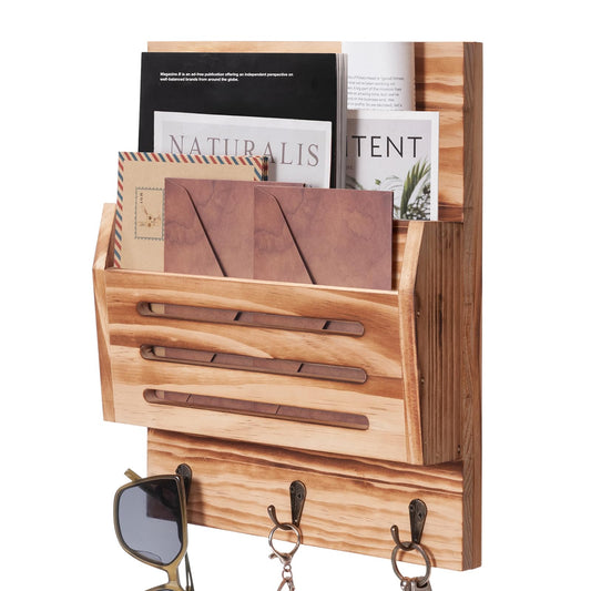 humberboat Key and Mail Holder Wall Mount, 2-Slot Wooden Mail Organizer with 3 Key Hooks, Decorative Mail Sorter Wall Mounted, Rustic Key Rack Hanger for Entryway, Farmhouse, Home Decor, Brown