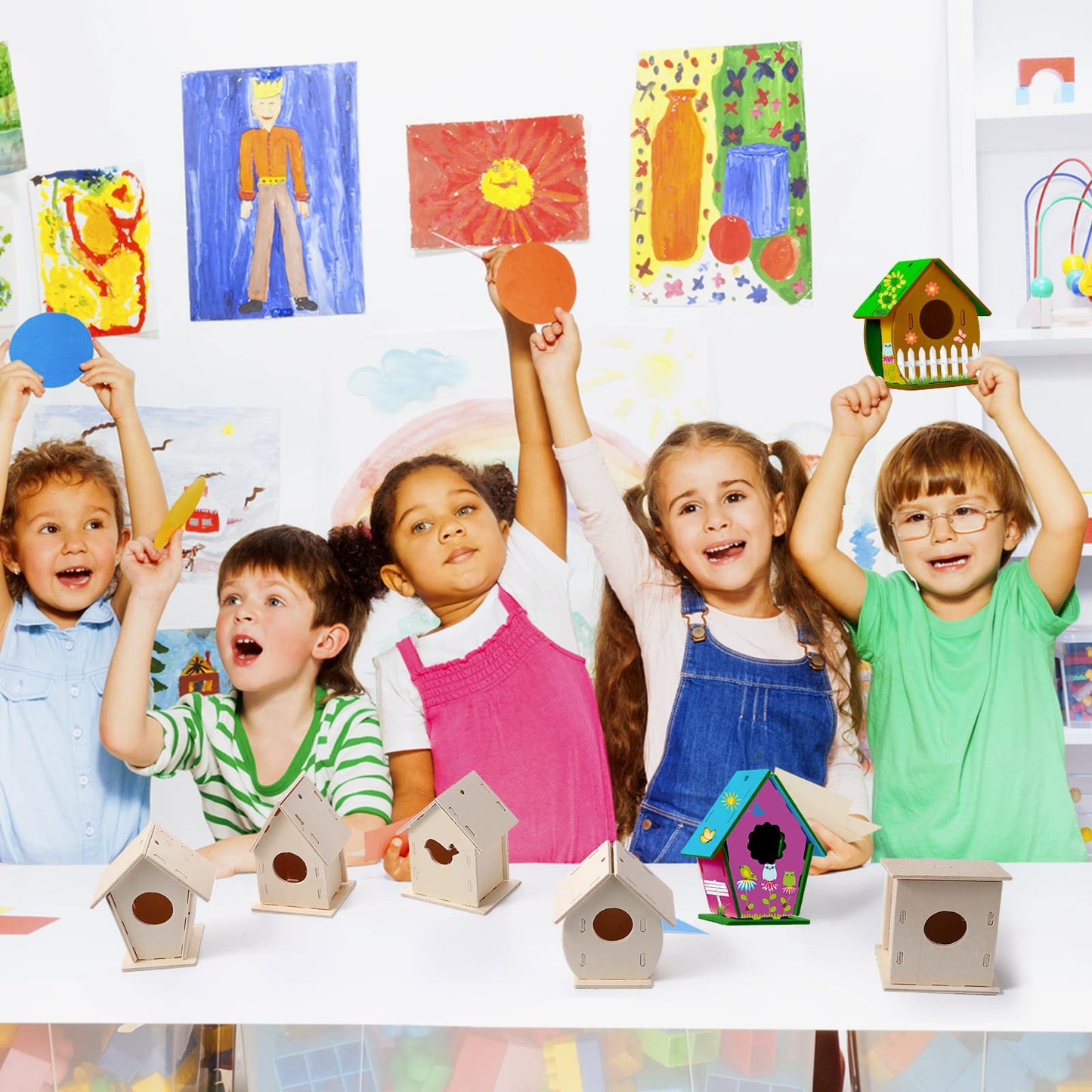 Sawysine 107 Pcs DIY Birdhouse Kits for Kids Ages 5-8 8-12, 48 Wooden Bird House Kits in 6 Shapes and 57 Butterfly Sticker for Children Summer Craft Art Activity, DIY Project(107,Multiple Entrance)