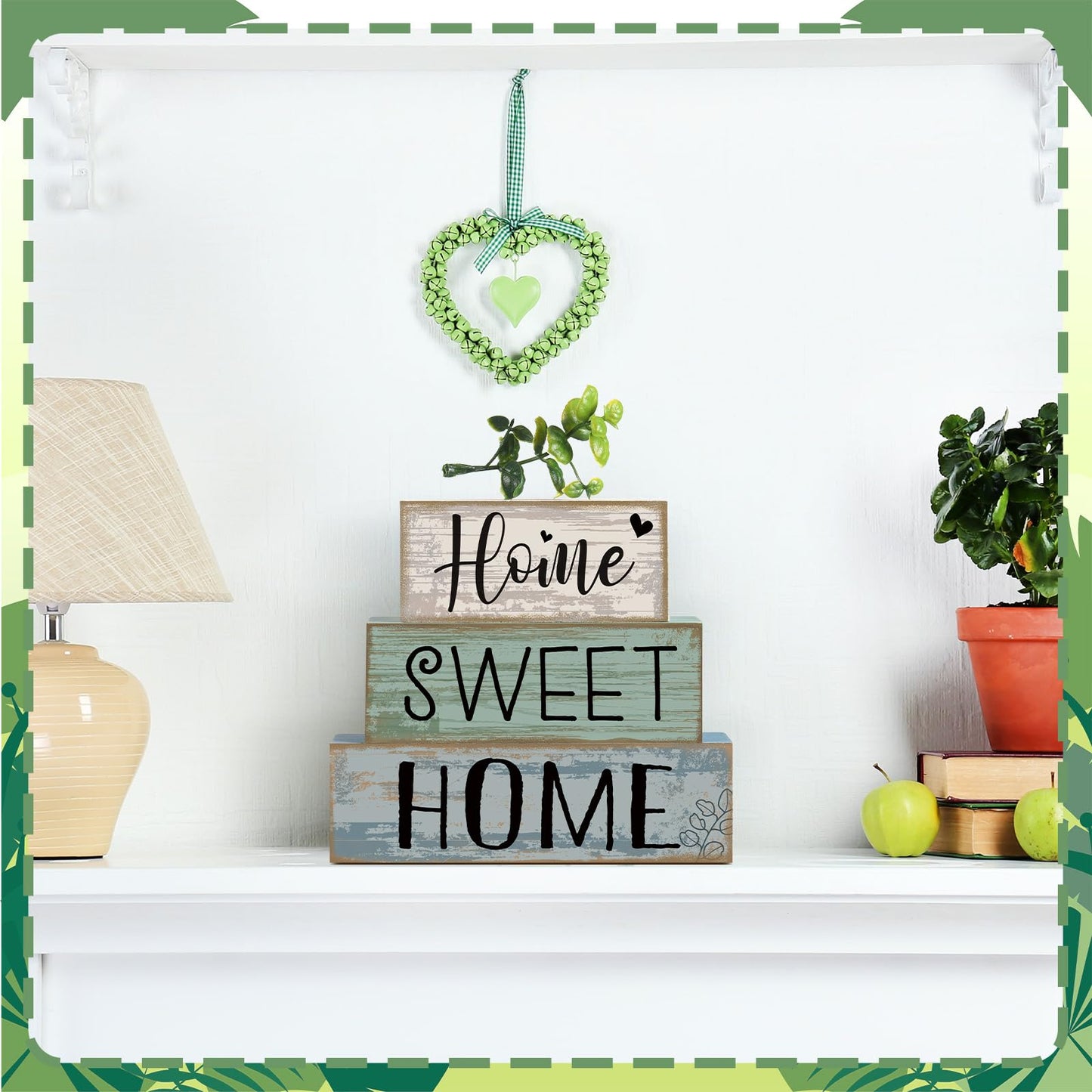 Moucuny 4 Pcs Wooden Farmhouse Table Decor Rustic Home Sweet Home Stacked Blocks Decoration Farmhouse Tiered Tray Decor Decorative Eucalyptus Block Signs Gift for Kitchen Shelf Coffee Table