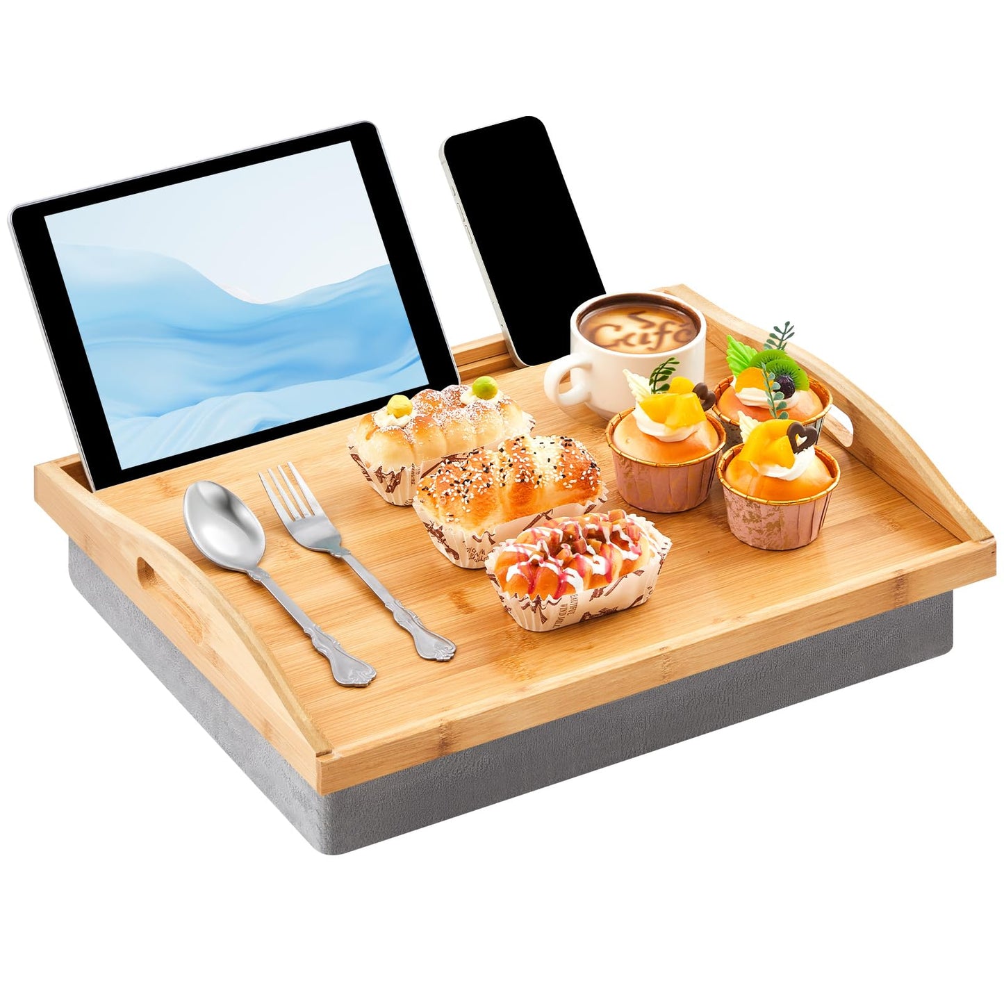 Pickmesh 1 Pcs Bamboo Lap Tray with Detachable Pillow Wood Bed Food Trays with Cushion 16.9 x 13 Inch for Adults Elderly Eating Food Breakfast Dinner in Recliner (Wood Color)