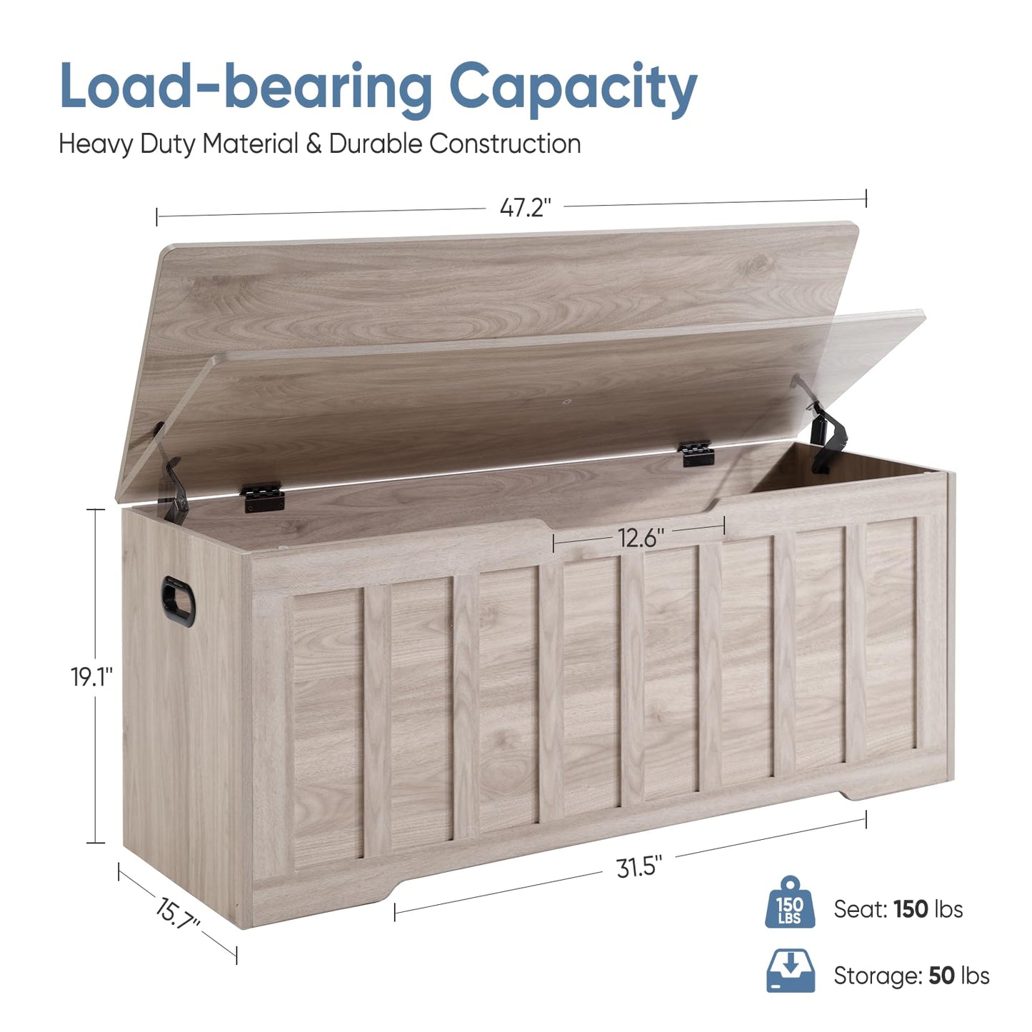 DUMOS 47.2" Extra Large Wooden Storage Chest Trunk Bench with Gel Safety Hinges, 150lbs Heavy Organizer, U-Cut Handles, Non-Slip Base, Bedroom Living Room Entryway, Grey