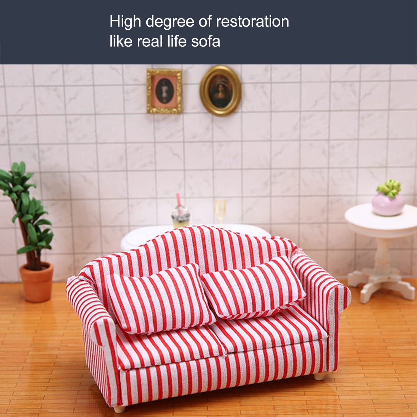 Miniature Dollhouse Sofa Set,3Pcs Pine Cloth Light Color Strip Blue 1:12 Scale Dollhouse Furniture for Collectors and Miniature Enthusiasts