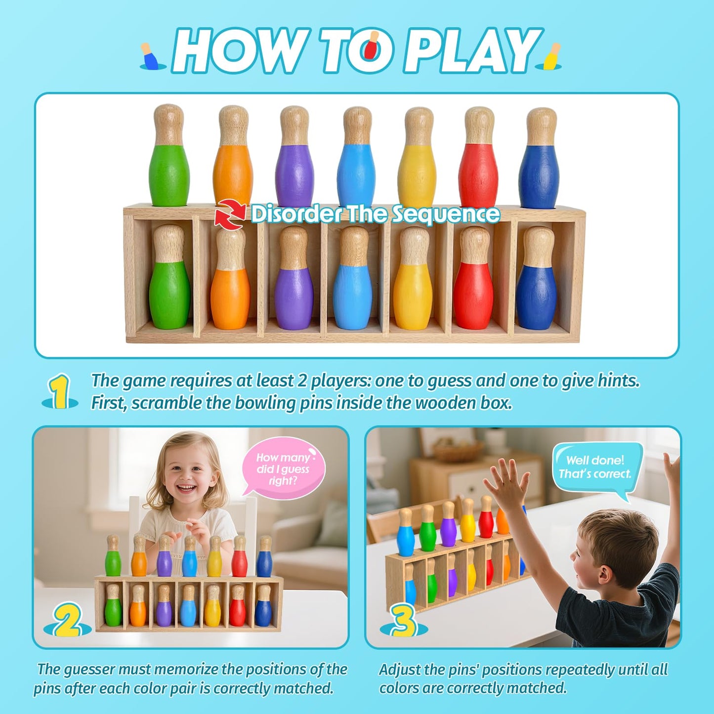 pamexin Family Games for Kids, Wooden Bowling Color Matching Game with 7 Bright Pins and Storage Bag, Family Board Games Party Birthday Gift, Fun Party Game for Boys Girls