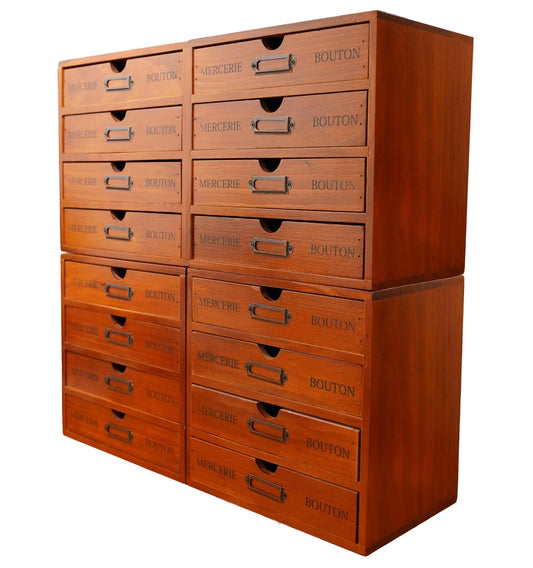 Stackable Apothecary Cabinet, 16 Drawer Wooden Storage I Vintage Card Catalog Style Organizer for Coins, Trading Cards, Crafts & DMC Floss I Multi Drawer Modular Wood Desk Cabinet w/Label Holders