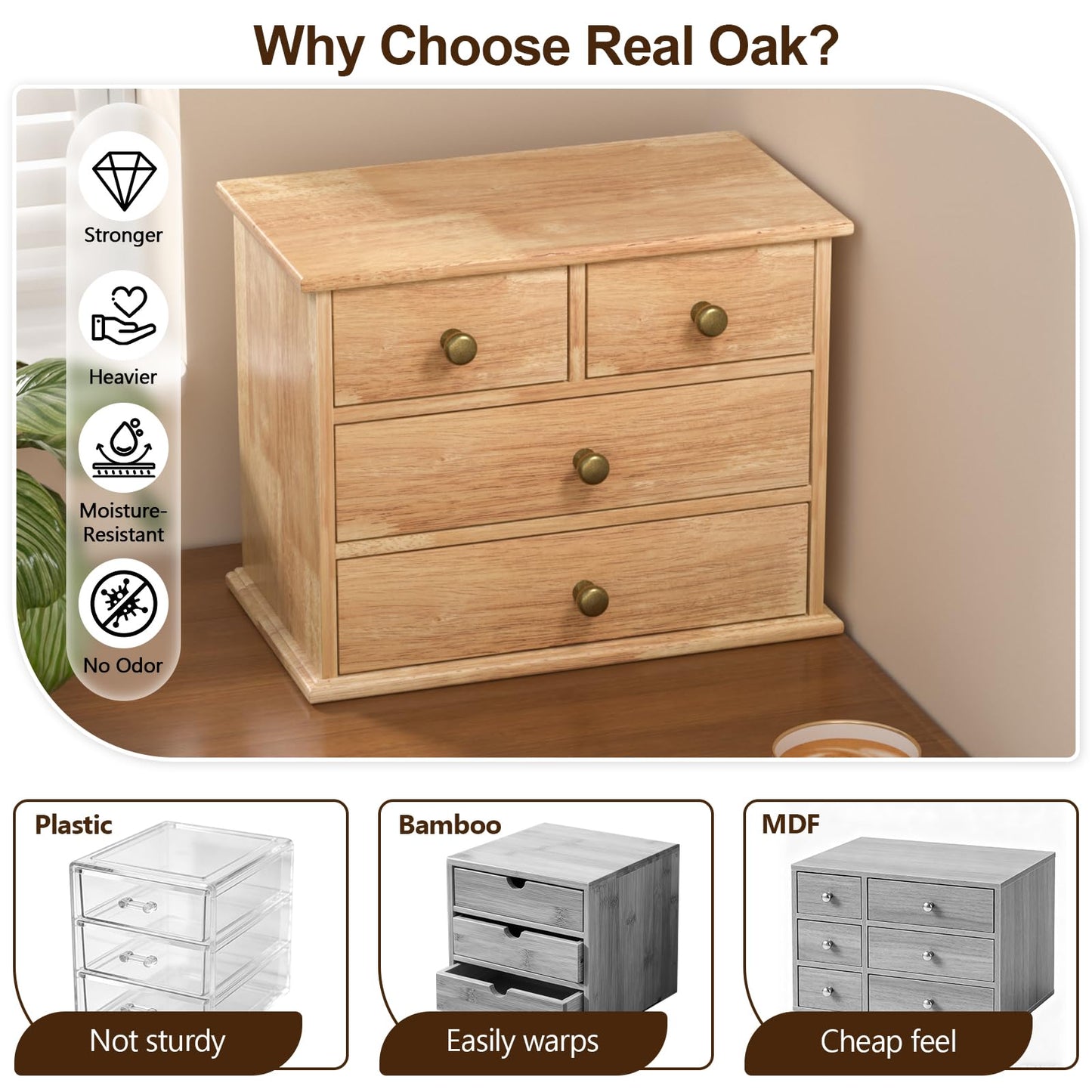 Oak Desk Organizer with Drawers, Wooden Desktop Storage Box with Metal Handles & Non-Slip Silicone Pads, 4 Drawer Tabletop Organizer for Office, Bedroom, Bathroom, Vanity, Makeup – Light Burnt Brown