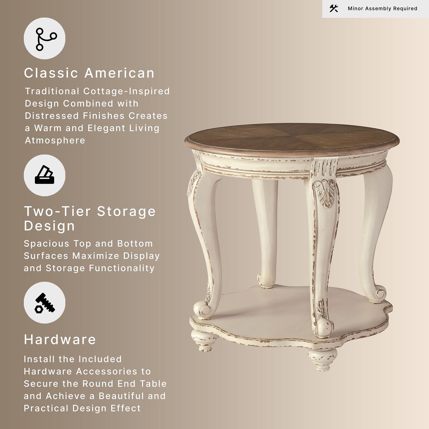 Signature Design by Ashley Realyn Round End Table, Cottage-Style Side Table with Antiqued Two-Tone Finish, Wood & Veneer Construction for Living Room or Bedroom, White/Brown