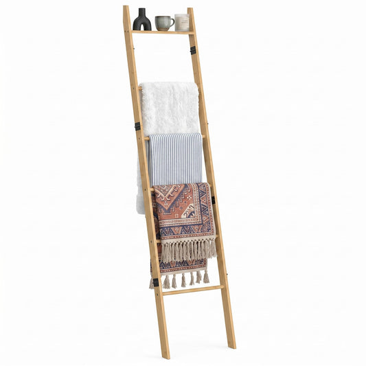 Plusinthebox 6 Tier Blanket Ladder with Shelf, Wooden Blanket Rack for Living Room, Leaning Towel Ladder Rack for Bedroom, Bathroom, Quilts, Throws, Towels and Farmhouse Décor