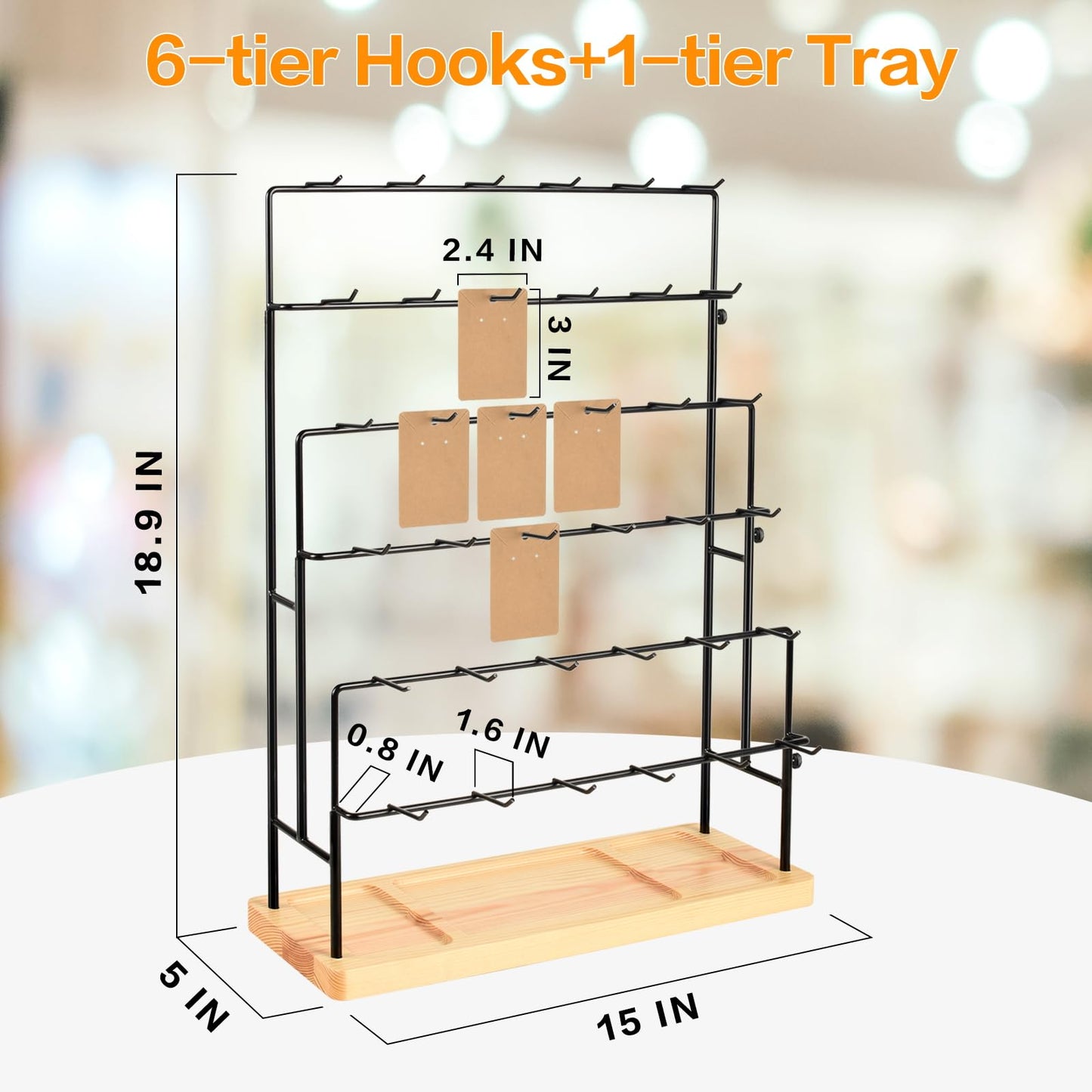 GEAMSAM Jewelry Display for Vendors, 36 Hooks Earring Display Stands for Selling, Earring Holder Organizer for Earring Cards, Bracelets, Necklaces, Rings, Keychains Retail-Burlywood
