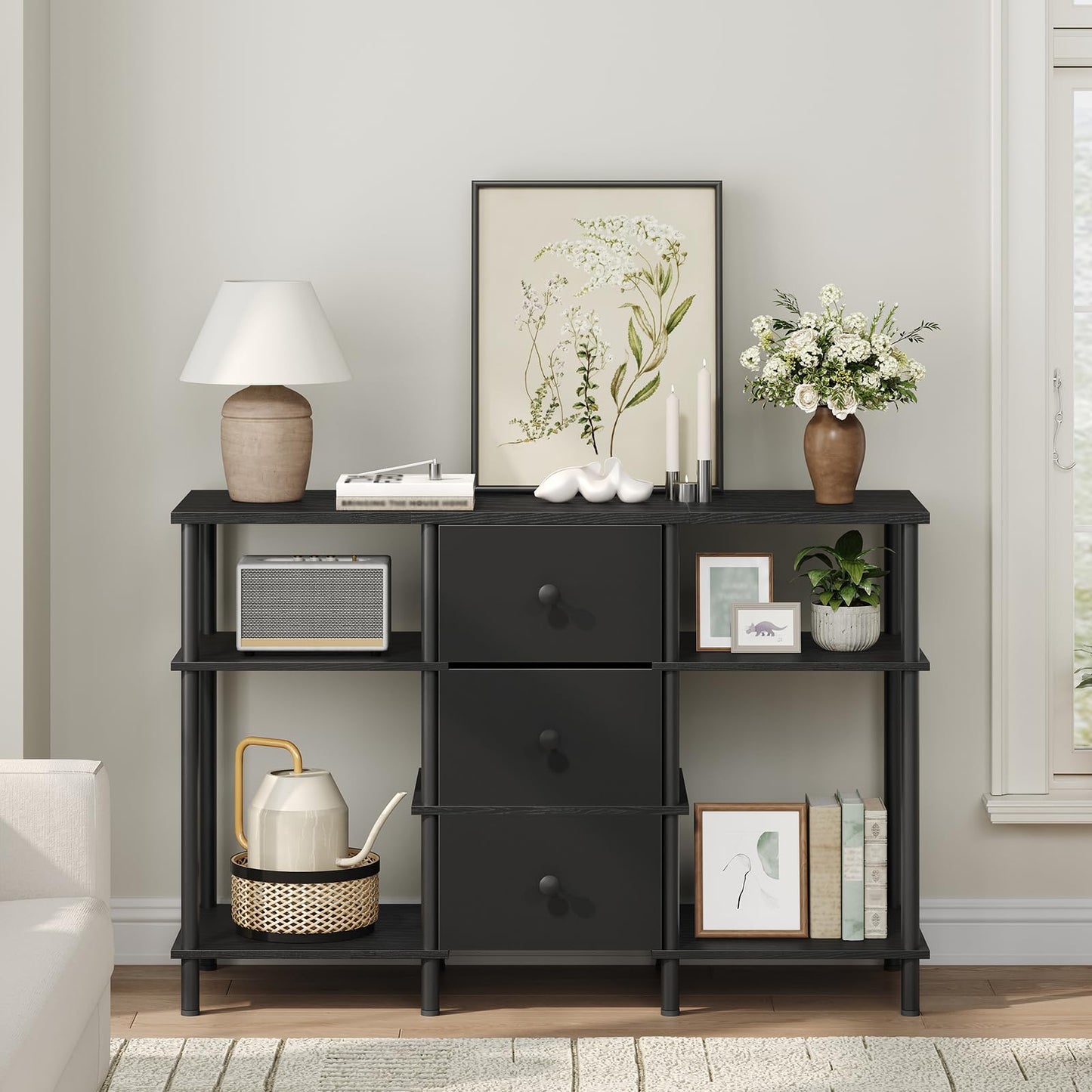 YATINEY TV Stand with 3 Fabric Drawers, Tall TV Stand, 3-Tier Media Console Table with Wooden Shelves, Entertainment Center, for Bedroom, Living Room, Home Office, Black DS15BB