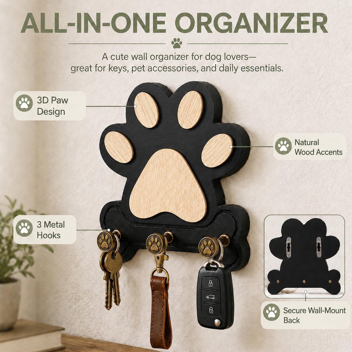 MLLNFUE 2 Pack Dog Leash Holder for Wall, Wooden Key Holder Wall Mount with 3 Metal Hooks, Dog Paw Organizer for Dog Owners and Pet Lovers (Black)
